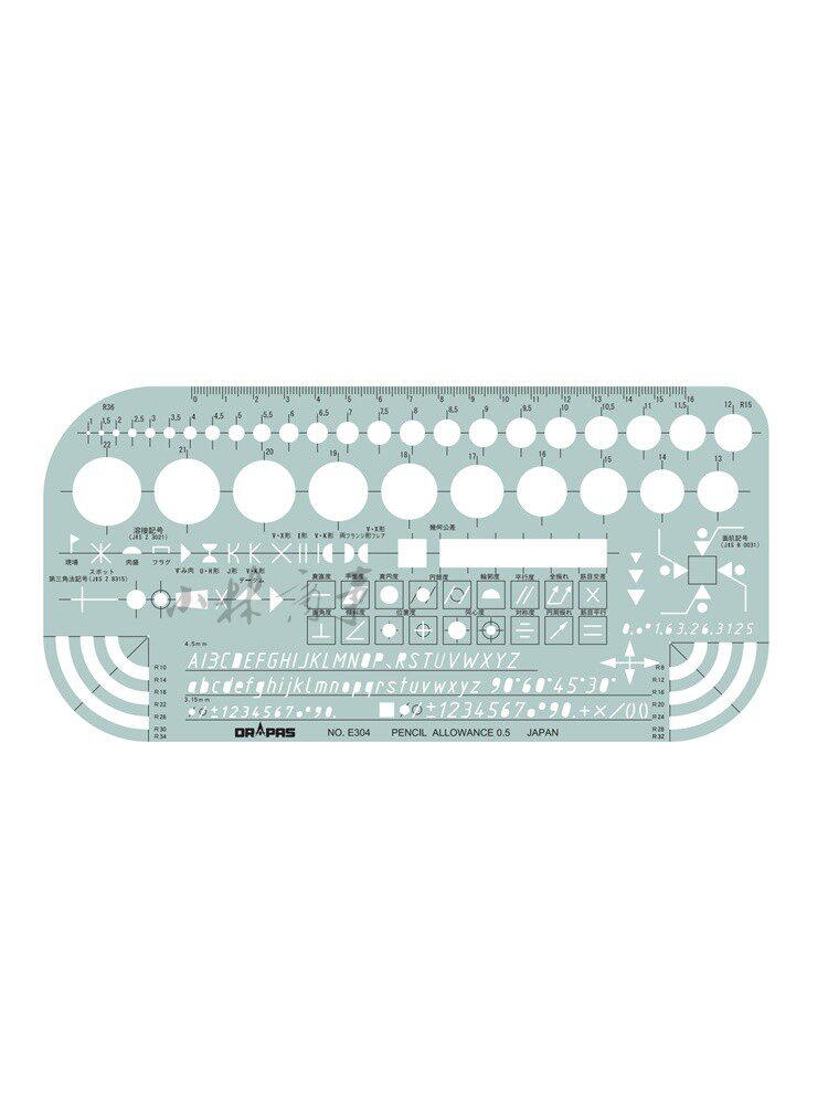 日本 ドラパス テンプレート定規 E304 ｜ Drapas template ruler E304 ｜ 日本drapas机械符号模板尺E304尺子带英文数字圆圈原产正品2-536