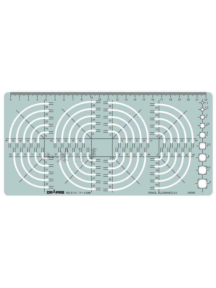 日本製 テンプレート定規 E115 樹脂 ｜ Template ruler E115 resin (Made in Japan) ｜ 日本原产DRAPAS半径模板尺圆弧尺49孔E115树脂材料不渗墨设计