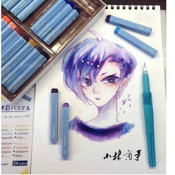 日本 パステル・クレパス 24色セット ｜ Oil Pastels & Soft Pastels 24 colours ｜ 日本派通大人的水彩色粉 水溶性色粉棒带水笔24色套装