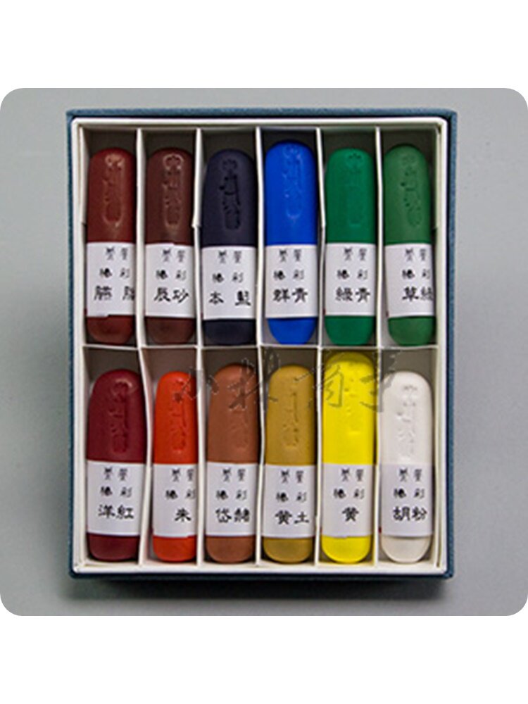 日本製 顔料・絵具 12色 ｜ Pigments & Paints 12 colours (Made in Japan) ｜ 日本原产中川凤凰棒绘具棒状岩彩12色加水磨出